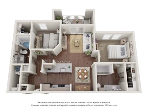 Floor plan for 2 beds, 2 baths, 1005 sqft